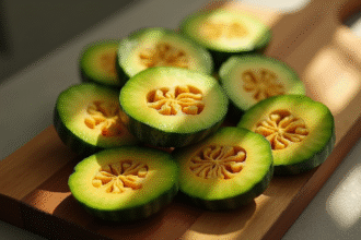 Tranches de citrouille verte fraîches sur planche en bois