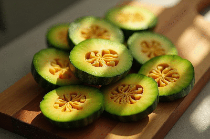 Tranches de citrouille verte fraîches sur planche en bois
