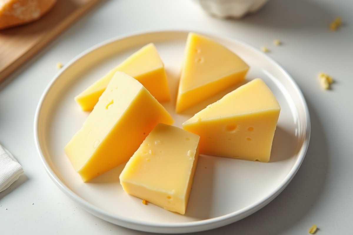 Tranches de fromage sur assiette dans une cuisine lumineuse