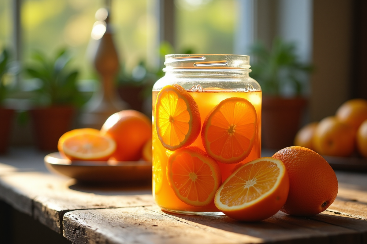 Tranches d orange en sirop sur un comptoir en bois