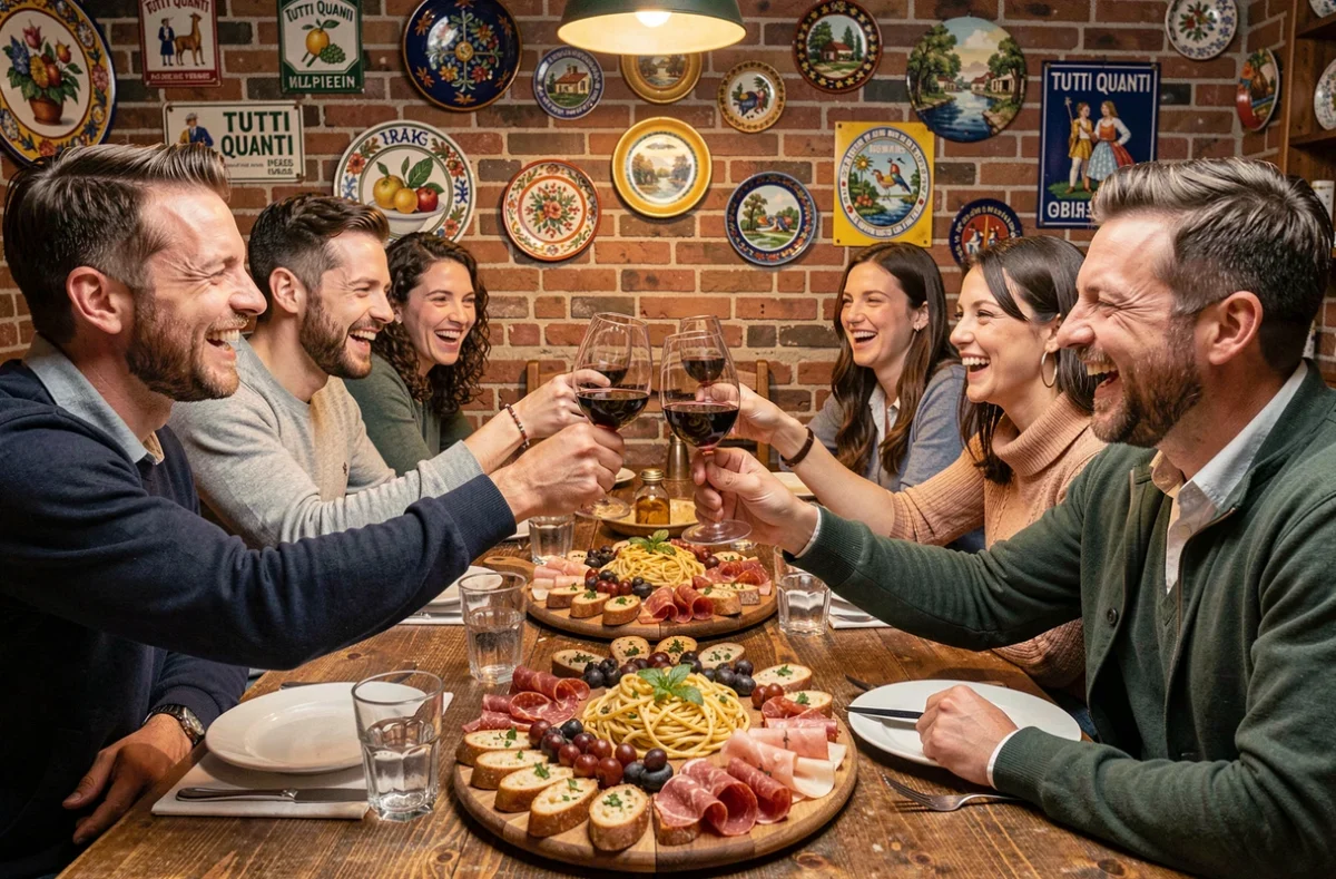 Ambiance conviviale et festive chez Tutti Quanti à Lille avec un groupe d'amis partageant des plats italiens autour d'une grande table en bois commune