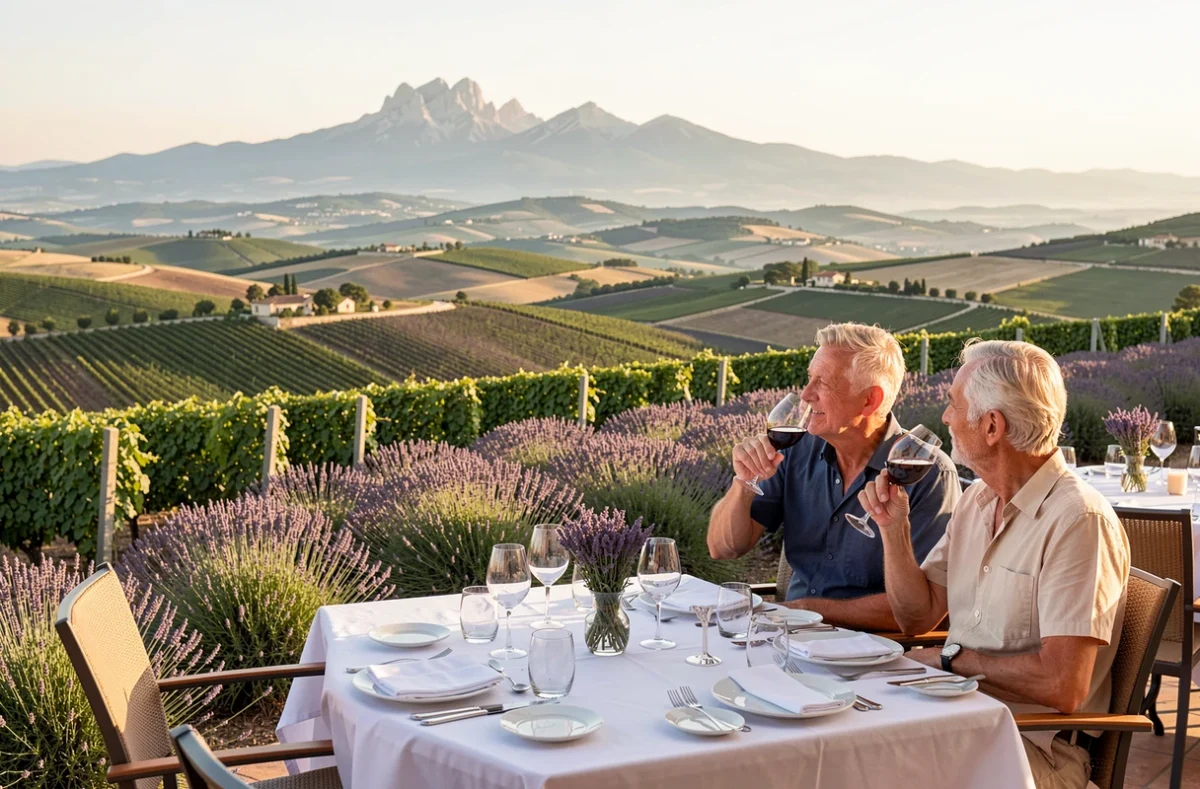 Terrasse panoramique du Val des Sources à Crillon-le-Brave avec tables élégamment dressées, couple regardant les vignobles du Vaucluse et silhouette du Mont Ventoux à l'horizon