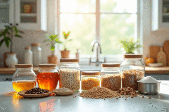 Assortiment d'aliments non périssables sur un plan de travail