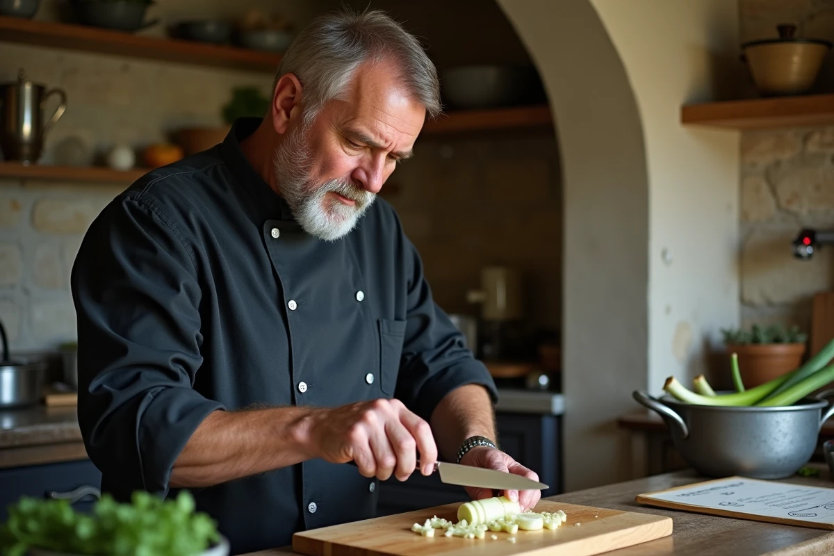 Chef vérifiant la tendreté d'un poireau cuit à l'eau sur une planche en bois dans une cuisine rustique