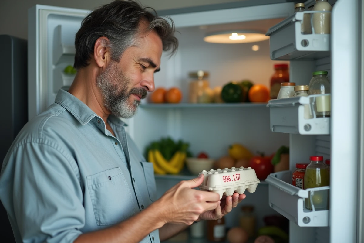 Homme vérifiant la date de péremption d'une boîte d'œufs devant un réfrigérateur ouvert