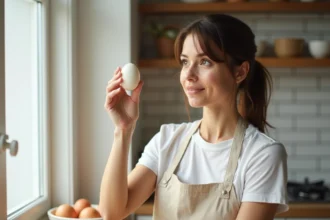 Femme tenant un œuf frais devant une fenêtre pour vérifier sa fraîcheur dans une cuisine moderne