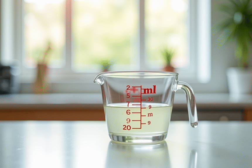 Verre mesureur rempli à 20 ml sur plan de travail lumineux
