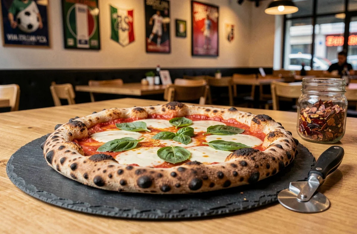 Pizza Margherita napolitaine fraîchement sortie du four chez Viva Italian Pizza à Lille, servie sur ardoise avec croûte charbonnée et mozzarella fondante