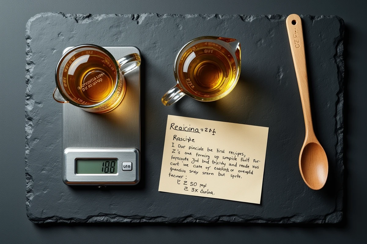 Vue aérienne d'un verre doseur en centilitres, d'une balance numérique en grammes et d'une fiche de conversion manuscrite sur une ardoise noire