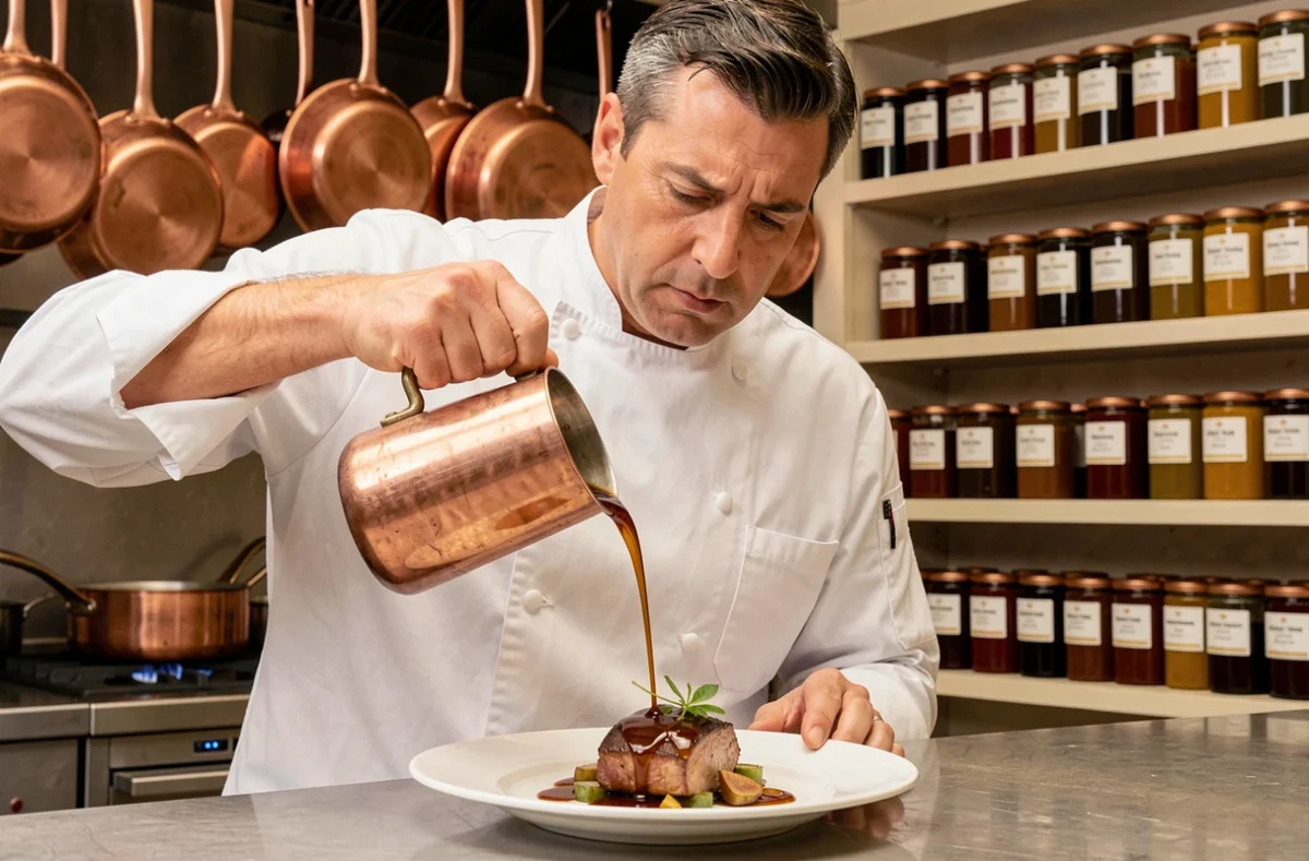 Yannick Alléno versant une sauce réduction sur un plat gastronomique, symbolisant la signature culinaire de ses menus
